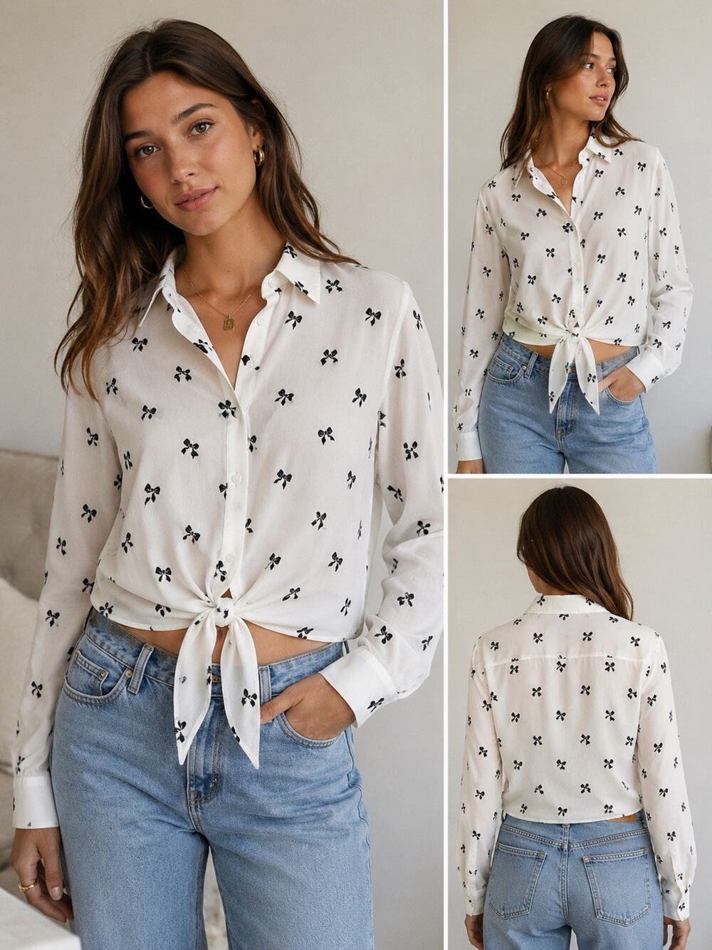 Velvet Fleur Women S White Black Bow Print Blouse Button Up Long Sleeve Coquette